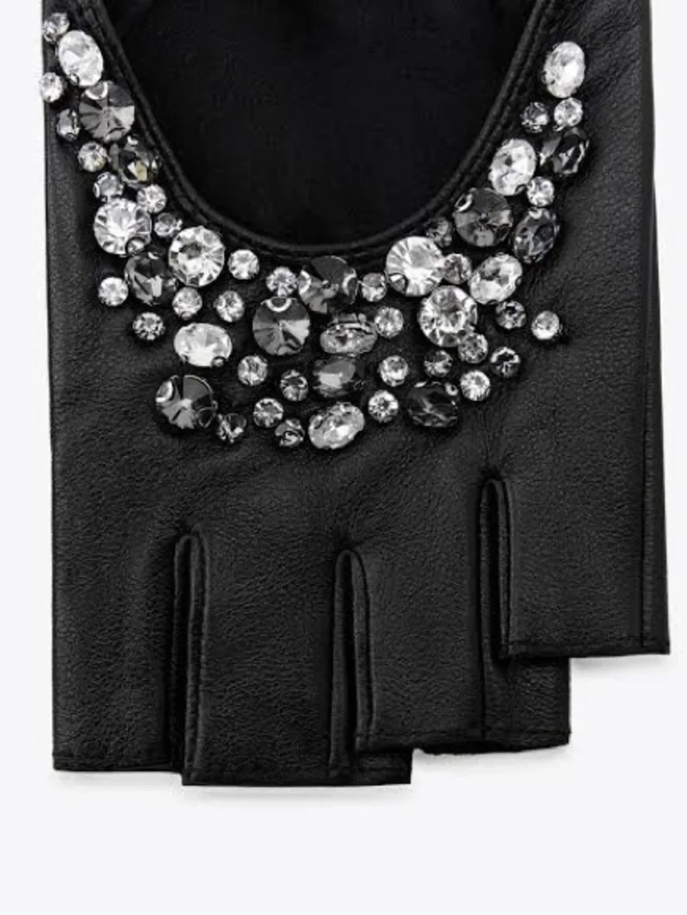 NWT. Zara Black 100% Leather Jeweled Short Fingerless-Style Gloves.